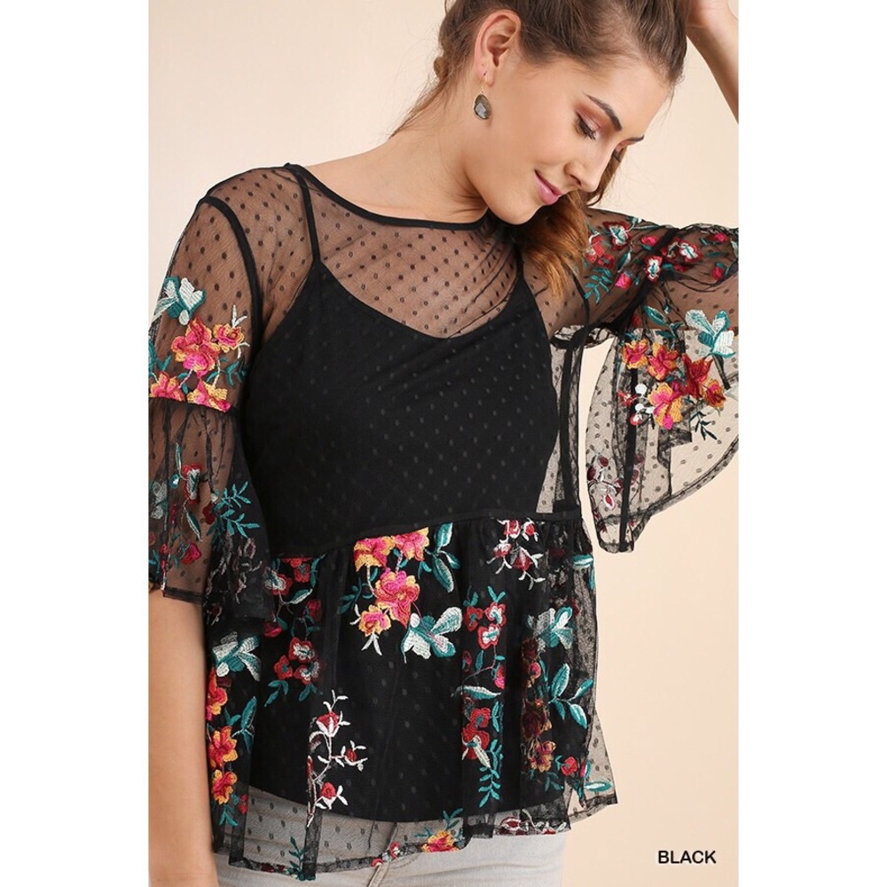 🌟HOST PICK 🌟Sheer Black Mesh Babydoll Floral Embroidered Top